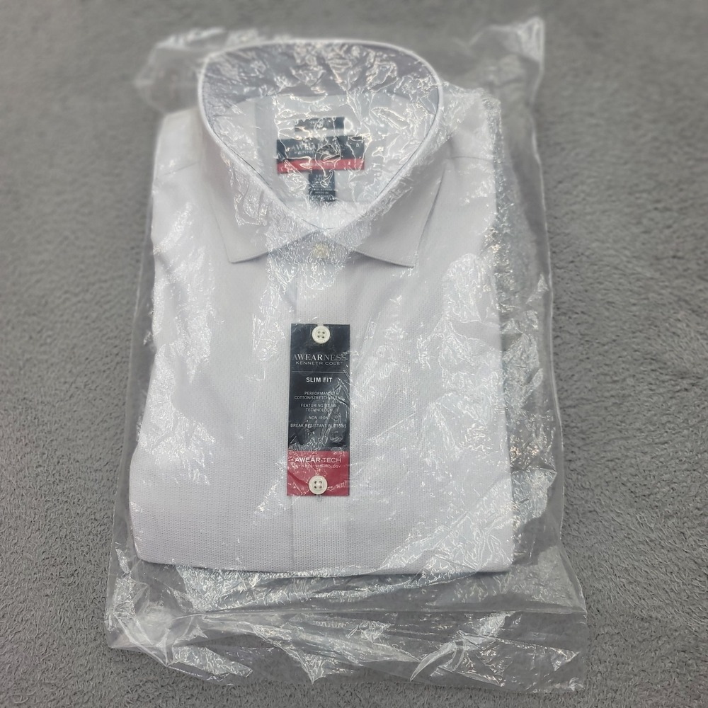 Kenneth Cole Awearness Mens 18.5 34-35 White Slim Fit Non Iron Dress Shirt